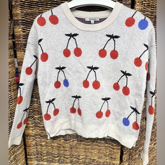 Madewell Sweaters - Maxwell-‎ Women's Cherry Pattern Sweater - Cream, Red, and Blue, XSmall